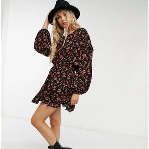 FREE PEOPLE Flower Fields Mini Dress Long Sleeve Button Front Pleated Small